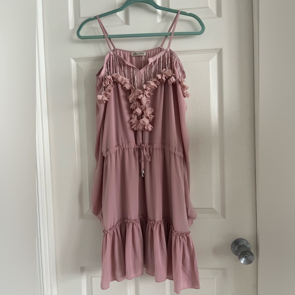 Casting NWOT off the shoulder dress with flower & beaded details. Size Small.